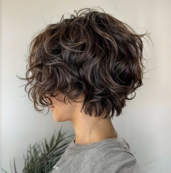 Short layered curly bob seen from the side at Gusto Hair, London