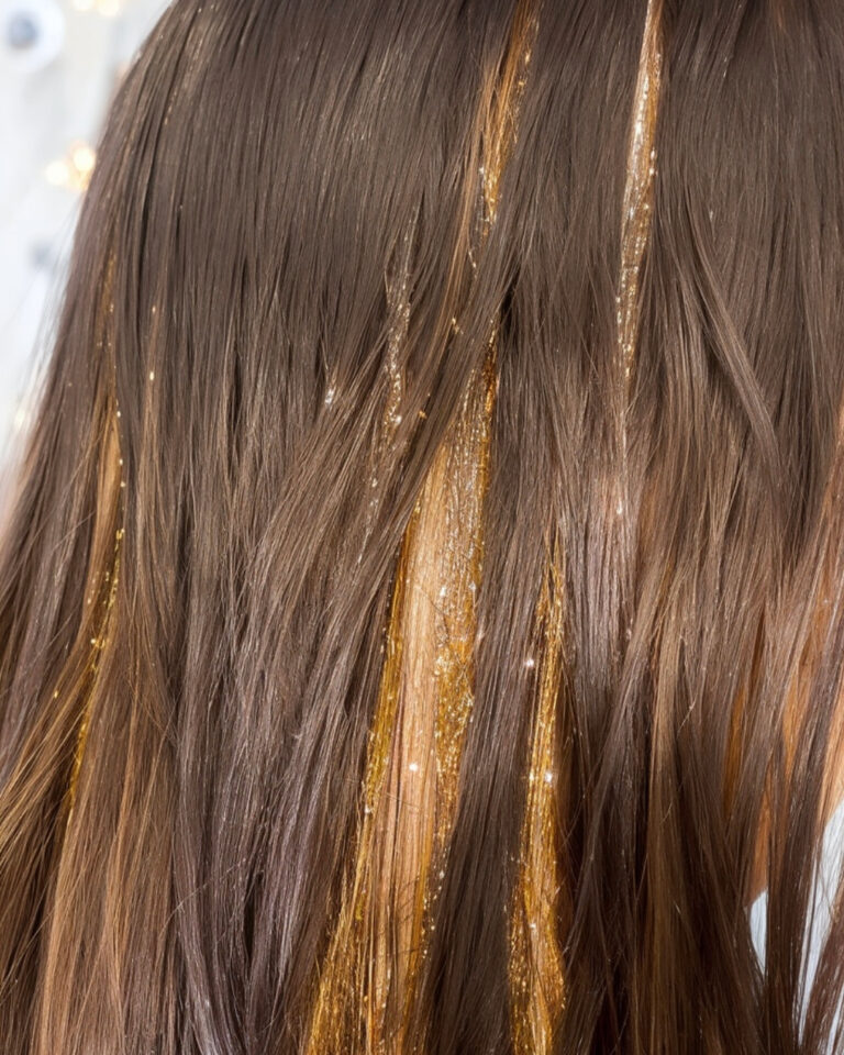 Gold tinsel strands knotted through brunette hair at Gusto Hairdressing, London
