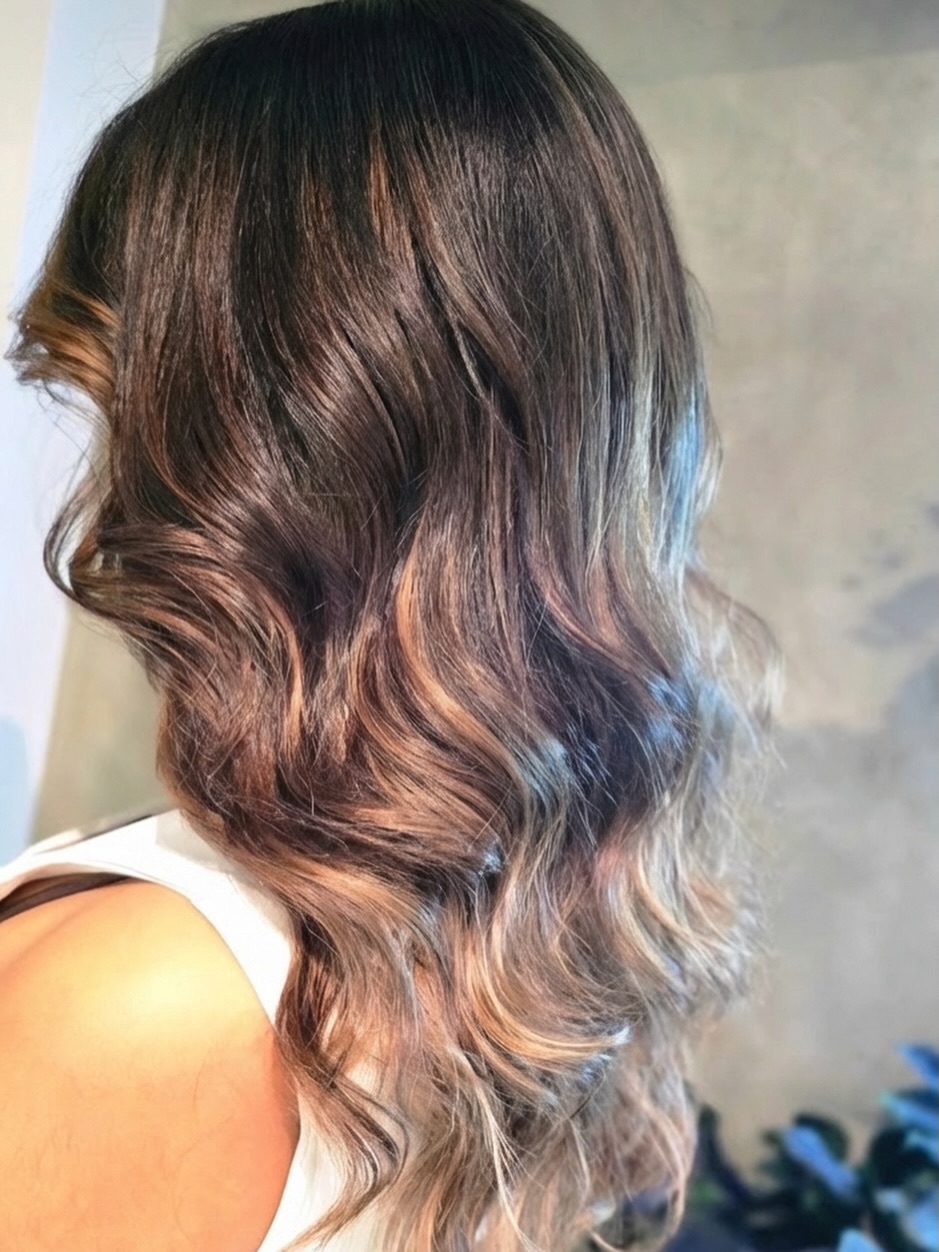Dark brunette rose-gold balayage