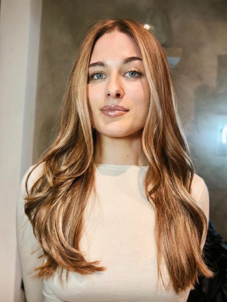 Warm caramel brunette long waves highlights