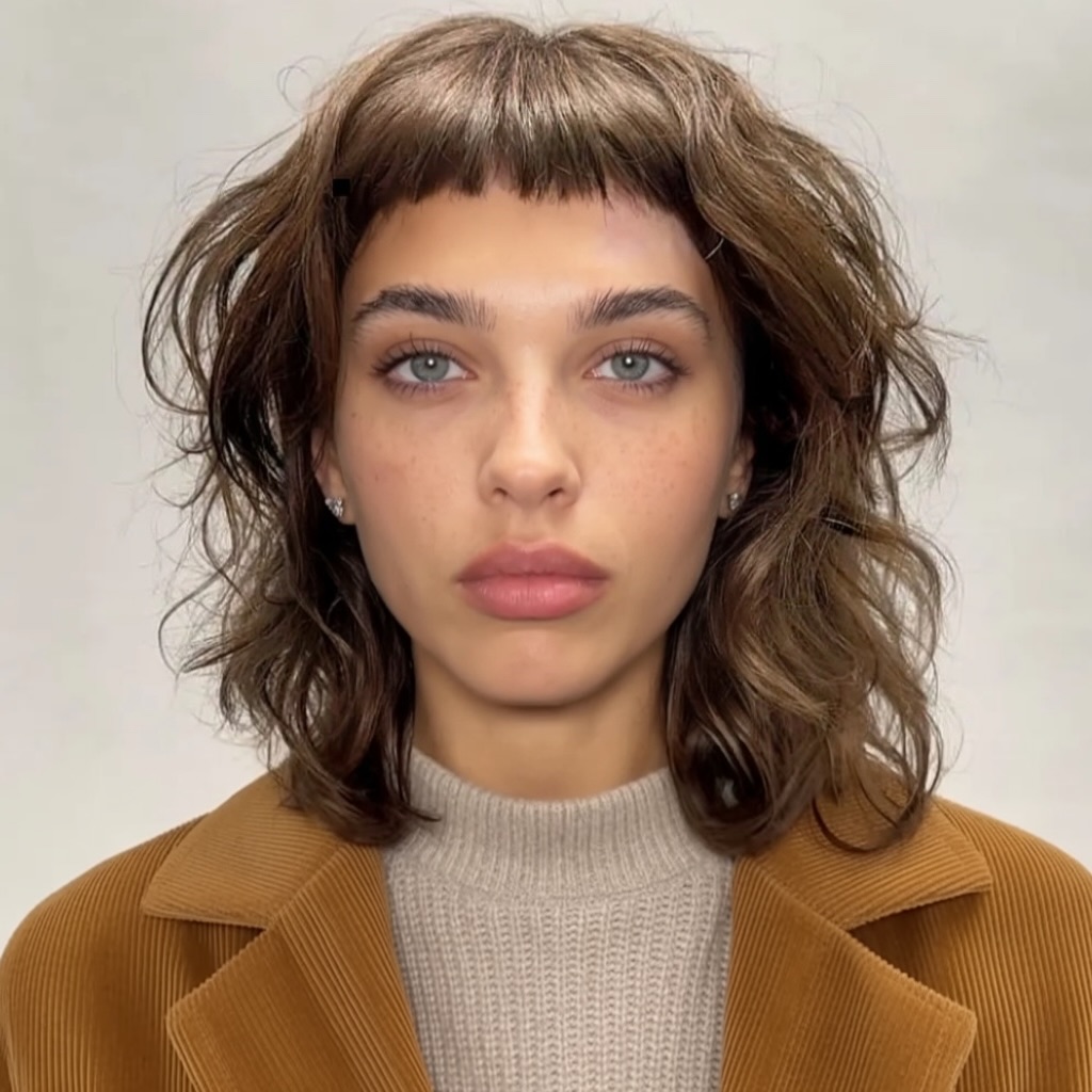 Brunette textured wavy bob short bangs