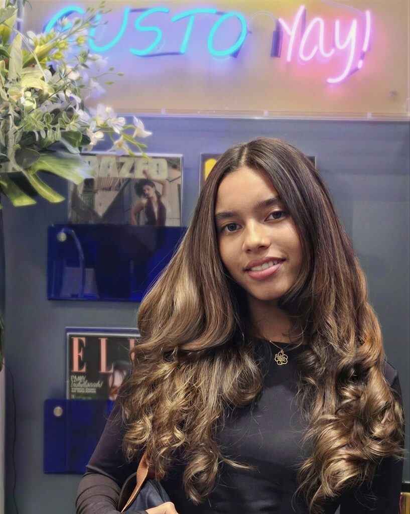 Brunette hair colour at Gusto Hair salon showing glossy finish