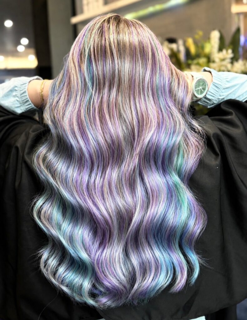 Opal pastel colour with lilac, mint and blue tones at Gusto Hair London