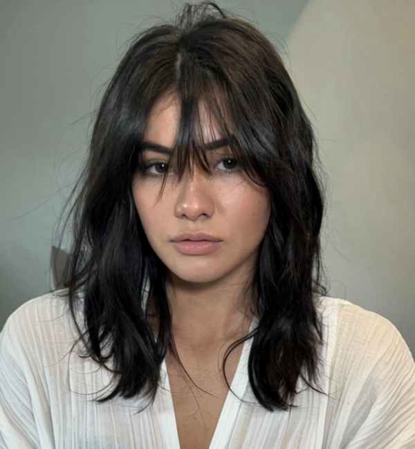 Dark shaggy cut with soft curtain bangs at Gusto Hair, London
