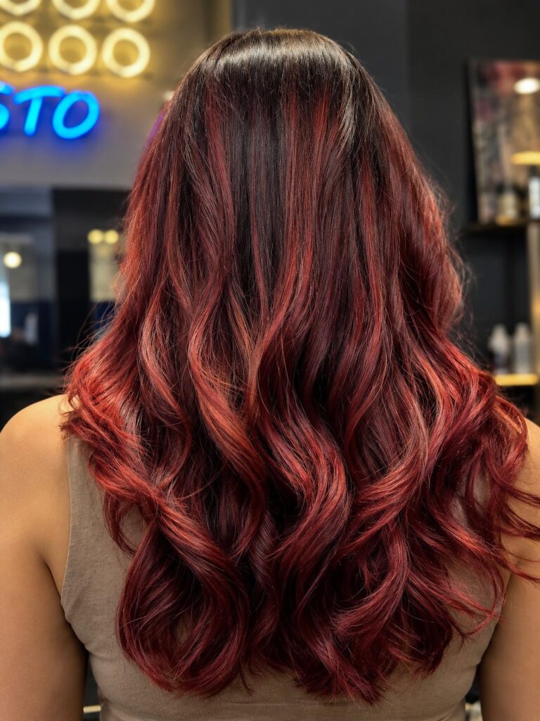 Red balayage ribbons on a dark brunette base, long waves, at Gusto Hair, Covent Garden and Oxford Street