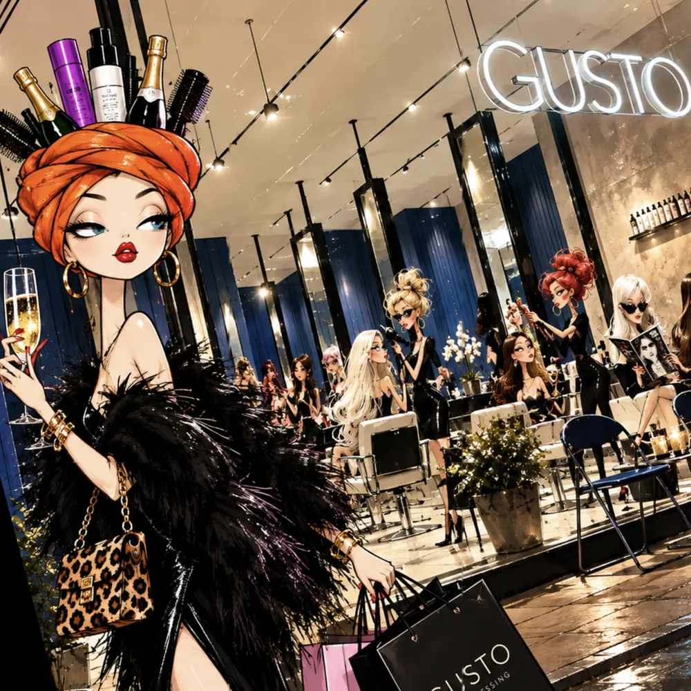 Illustration: a woman in a feather coat with champagne outside Gusto at night, the salon busy behind her and GUSTO in white neon