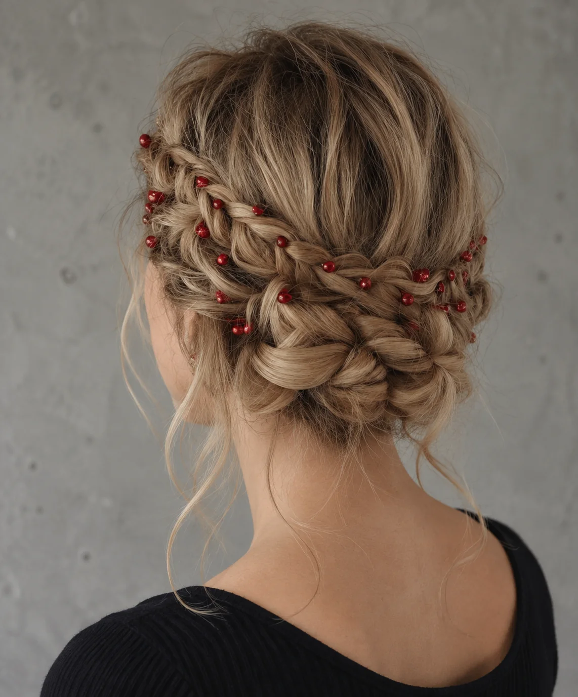 Braided party updo finished with red bead pins at Gusto Hair, London