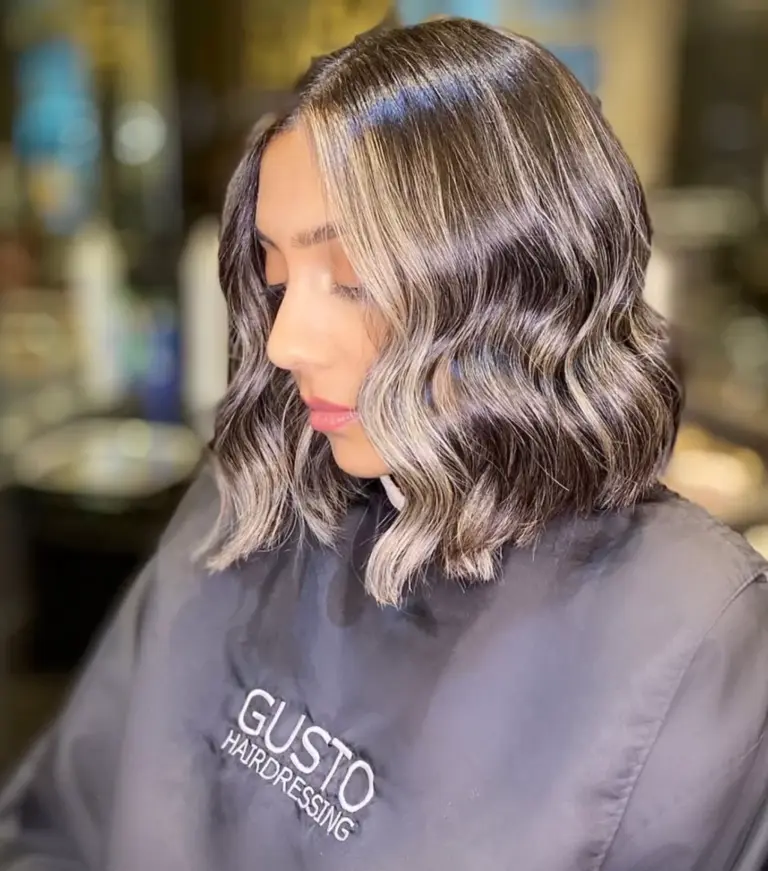 Brunette balayage on a wavy bob at Gusto Hairdressing London