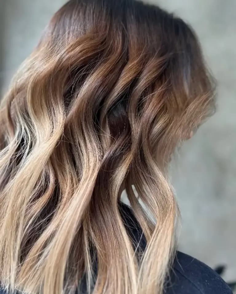 Caramel blonde balayage on brunette waves at Gusto Hair, Covent Garden and Oxford Street