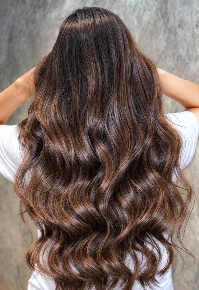 Long glossy brunette waves with copper balayage at Gusto Hair, London