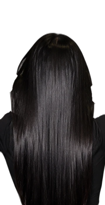 Long, jet black hair, sleek and glossy, seen from behind