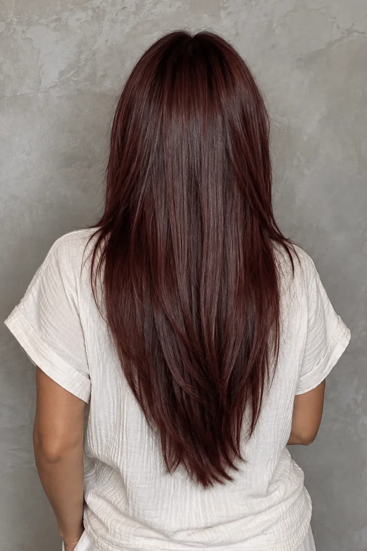 Long, dark cherry red hair with soft layers, sleek and glossy, seen from behind