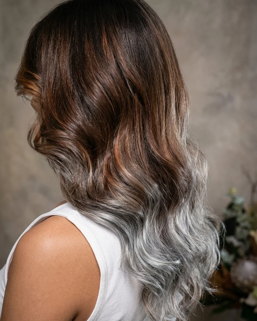 Long waves blending from brunette to silver, coloured at Gusto Hair London