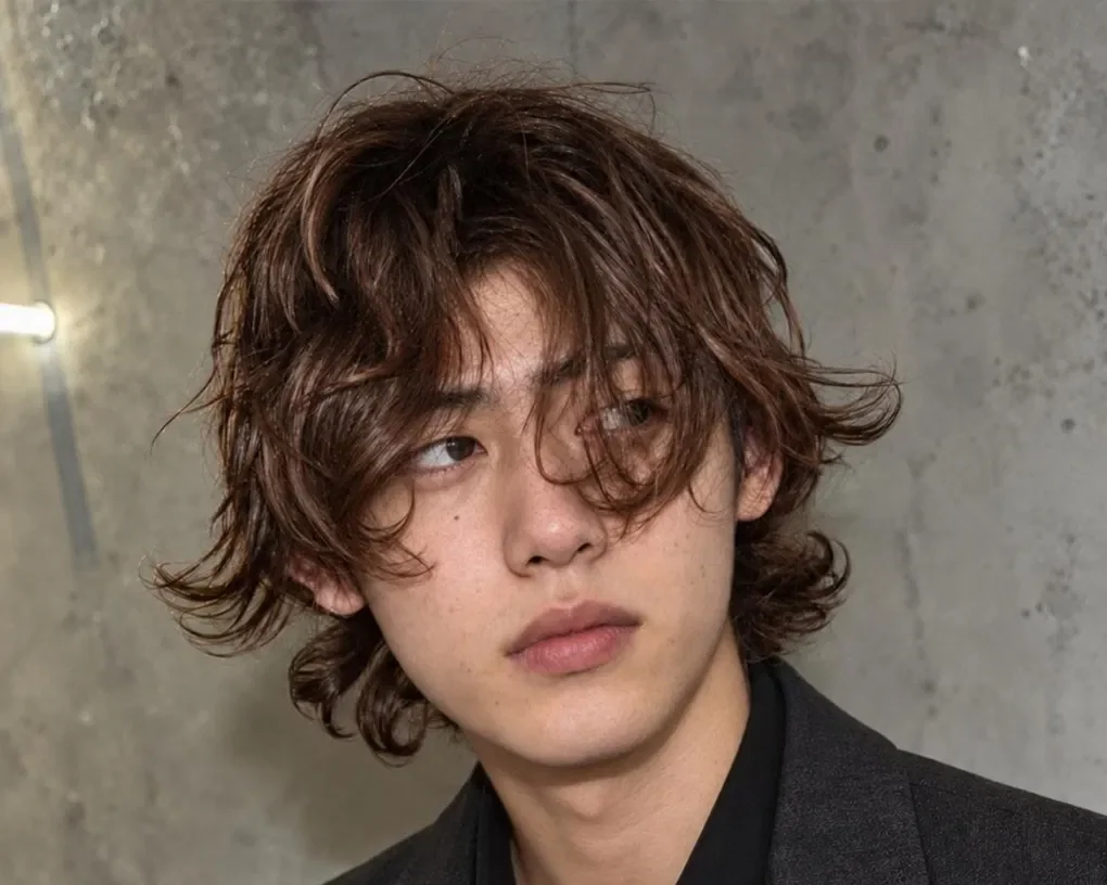 Man with a long, textured shag and loose curls, the fringe falling across one eye