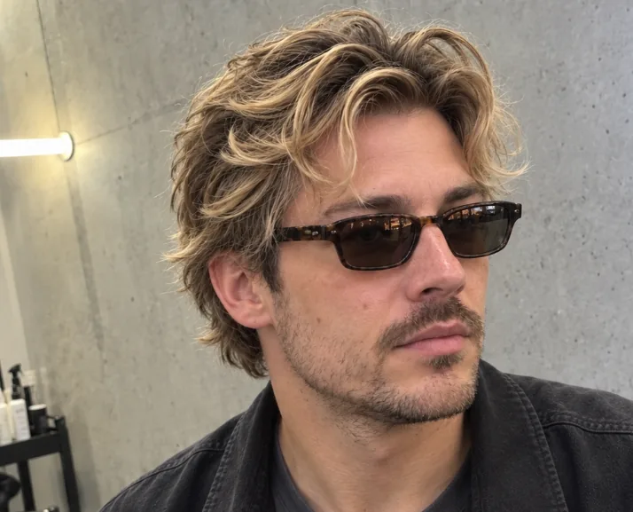 Wavy, mid-length shag with a swept fringe, worn with dark glasses
