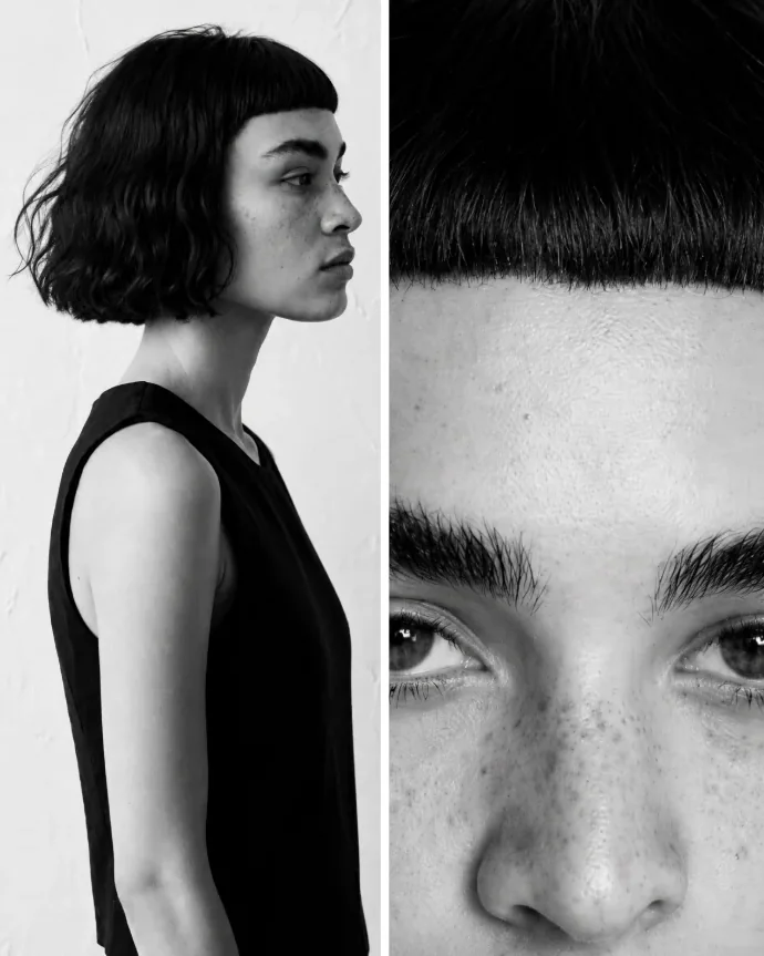 Profile and close-up of a short bob with a blunt micro fringe at Gusto Hair London