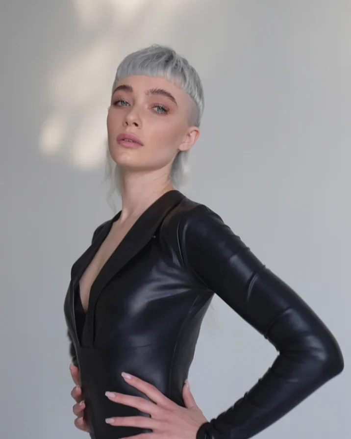 Platinum mullet with a blunt micro fringe, coloured at Gusto Hair London