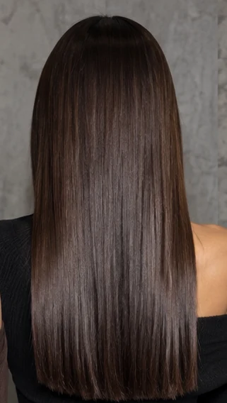 Long brunette hair, sleek and glossy, seen from behind
