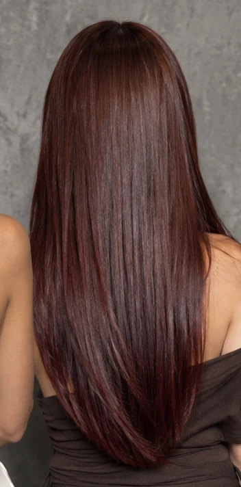Long mahogany hair, sleek and glossy, seen from behind