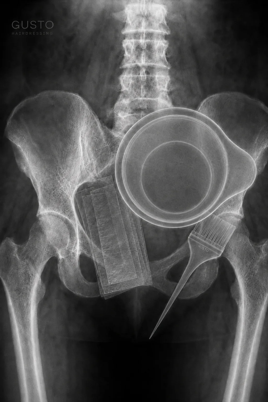 X-ray of a pelvis with a colour bowl, foils and a Gusto tint brush inside