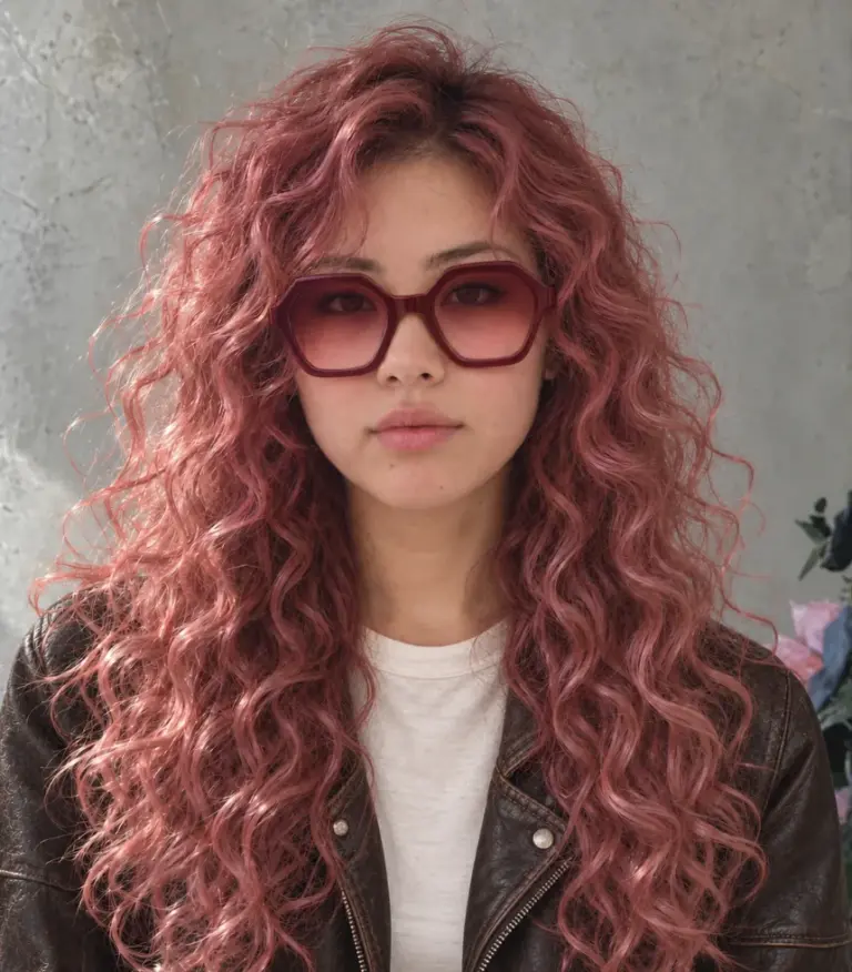 Long pink hair with a loose curly perm at Gusto Hair, London