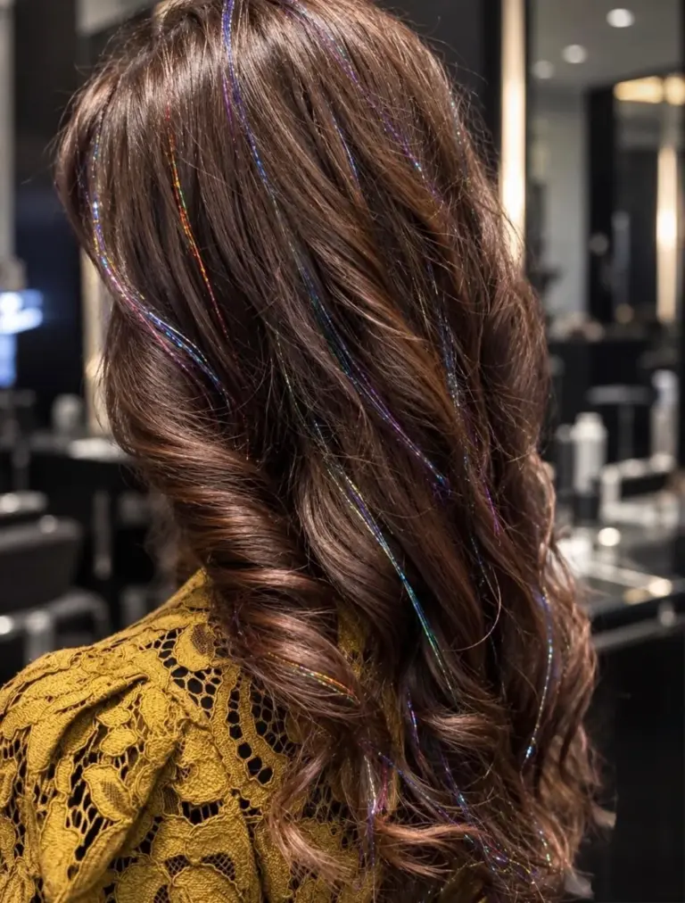 Rainbow hair tinsel through long brunette waves at Gusto Hair, London
